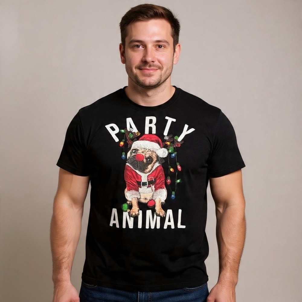 Christmas Party Animal Pug T-Shirt Men’s Large Black Funny Graphic Tee